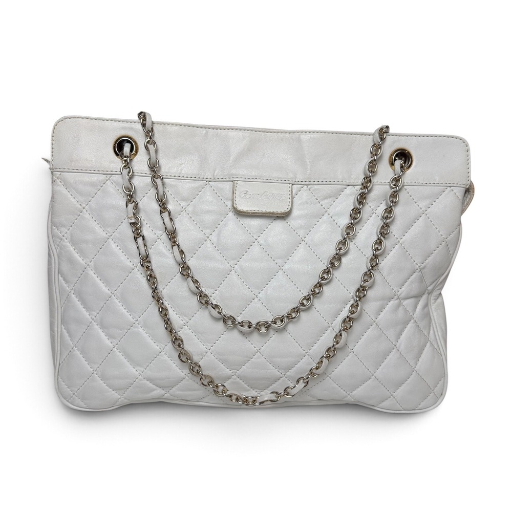 Casa Lopez White Quilted Bovine Leather Chain Shoulder Tote Bag Uruguay